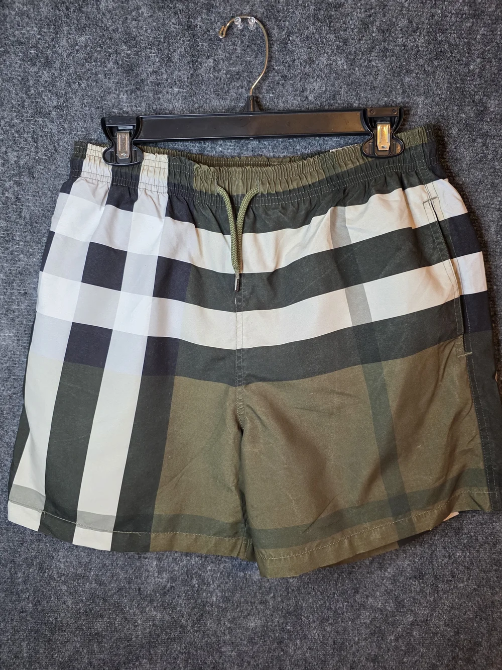 Burberry Olive and White Check Swim Trunks Large